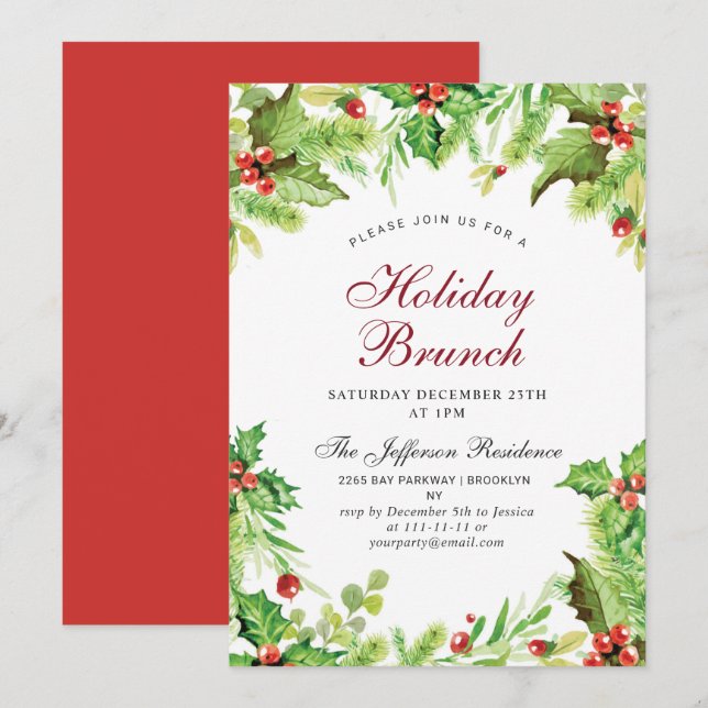 Invitación Navidades de Holiday Brunch Red Holly Berry (Anverso / Reverso)