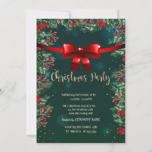 Invitación Navidades de Holly Berries Red Bow Green Company