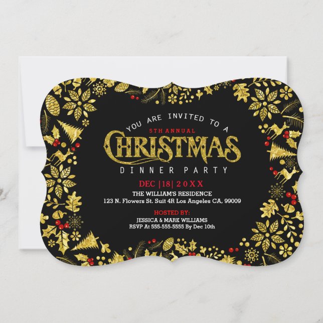 Invitación Navidades de impresión de Purpurina negro y dorado (Reverso)