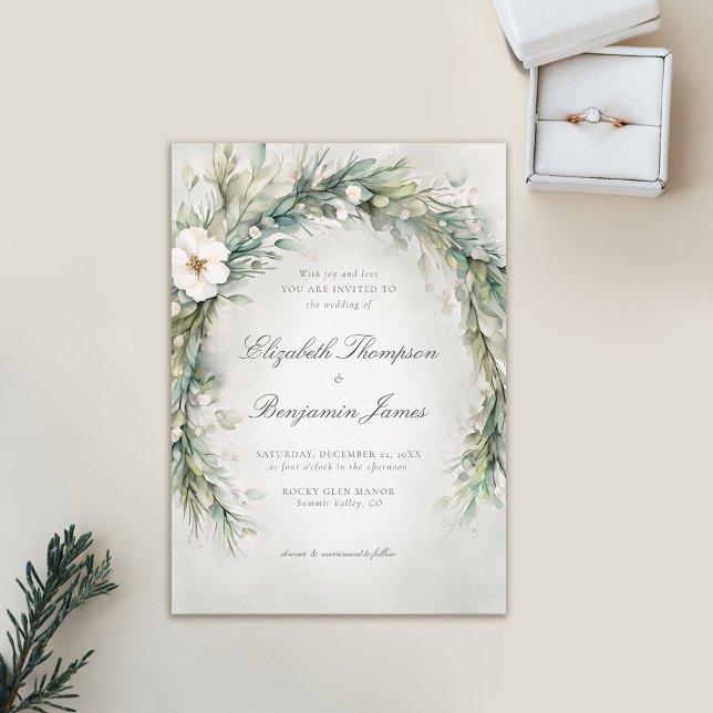 Invitación Navidades de invierno acuarela elegante Boda Boho (winter wedding invitation christmas dreamy watercolor greenery botanical floral frame elegant boho)