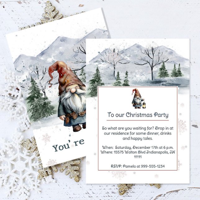 Invitación Navidades de invierno acuarela fiesta navideña (Watercolor Winter Christmas Gnome Holiday Party Invitation)