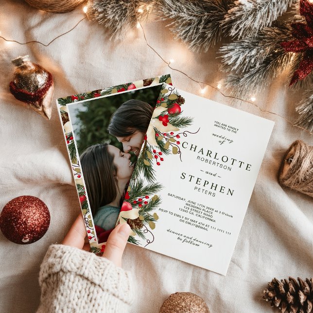 Invitación Navidades de invierno acuarela floral boda foto (Christmas winter floral watercolor wedding photo invitation)