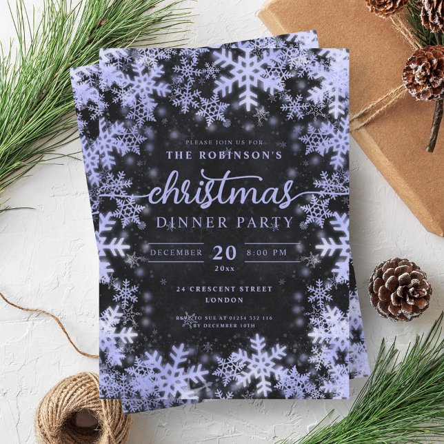 Invitación Navidades de invierno azul de la marina moderna y  (Modern Navy Blue Winter Wonderland Christmas Black Invitation)