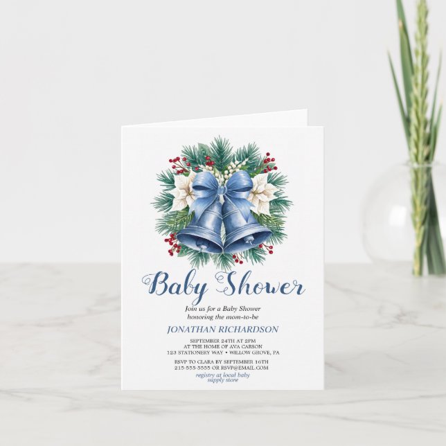 Invitación Navidades de invierno azules Bells ducha de bebé (Anverso)