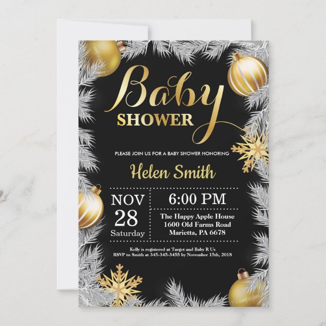 Invitación Navidades de invierno Baby Shower negro y oro (Anverso)
