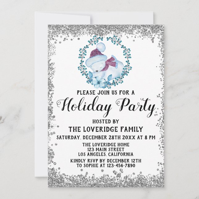 Invitación Navidades de invierno Blue Wreath Fiesta Plata (Anverso)