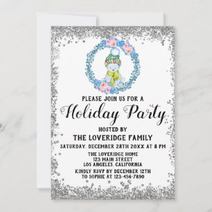 Invitación Navidades de invierno Blue Wreath Fiesta Plata