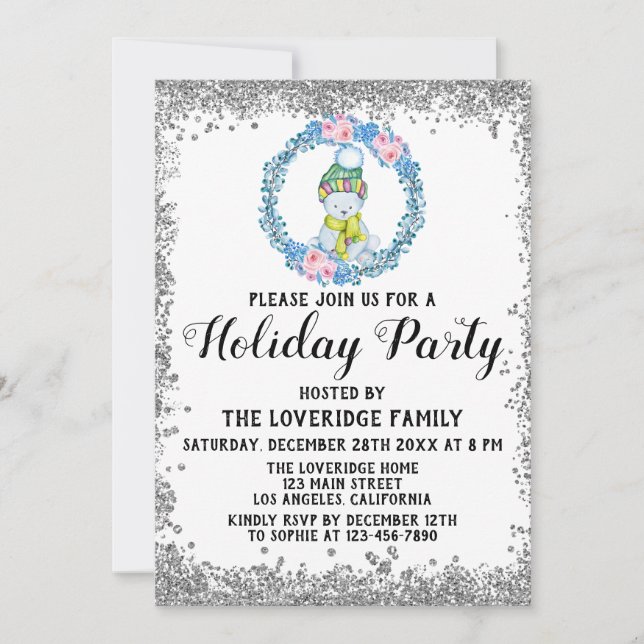 Invitación Navidades de invierno Blue Wreath Fiesta Plata (Anverso)