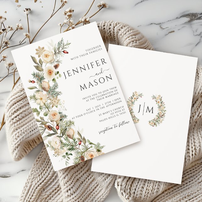 Invitación Navidades de invierno Boda de flores verdes de oro (Subido por el creador)