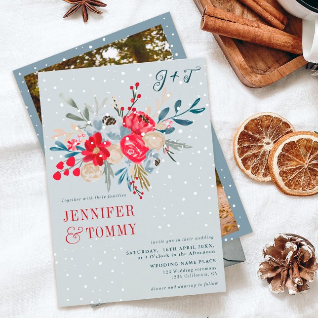 Invitación Navidades de invierno boda de foto con flores roja (Subido por el creador)