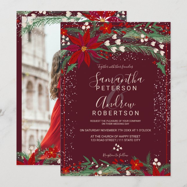 Invitación Navidades de invierno boda de foto de nieve con fl (Anverso / Reverso)