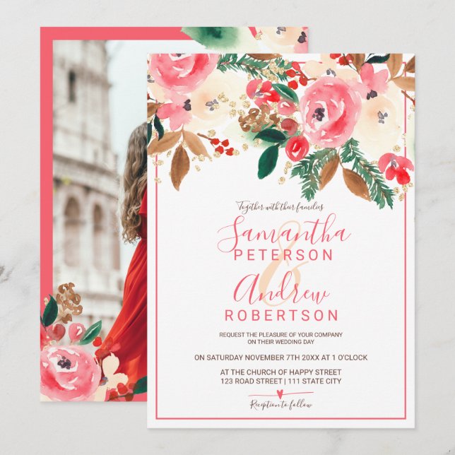 Invitación Navidades de invierno boda de fotografía de acuare (Anverso / Reverso)