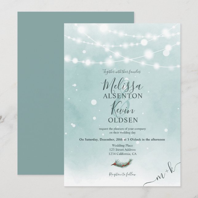 Invitación Navidades de invierno boda de luces de cuerda azul (Anverso / Reverso)