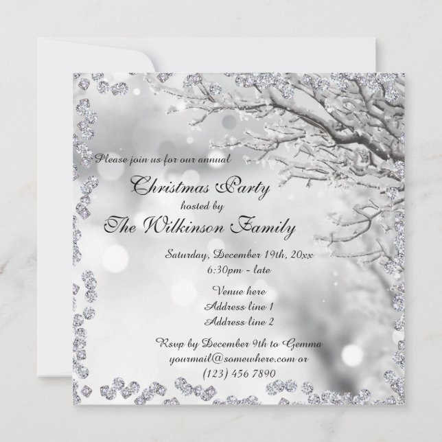 Invitación Navidades de invierno con espuma de plata Fiesta d (Reverso)