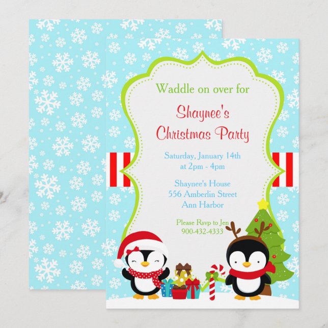 Invitación Navidades de invierno cute pingüinos (Anverso / Reverso)