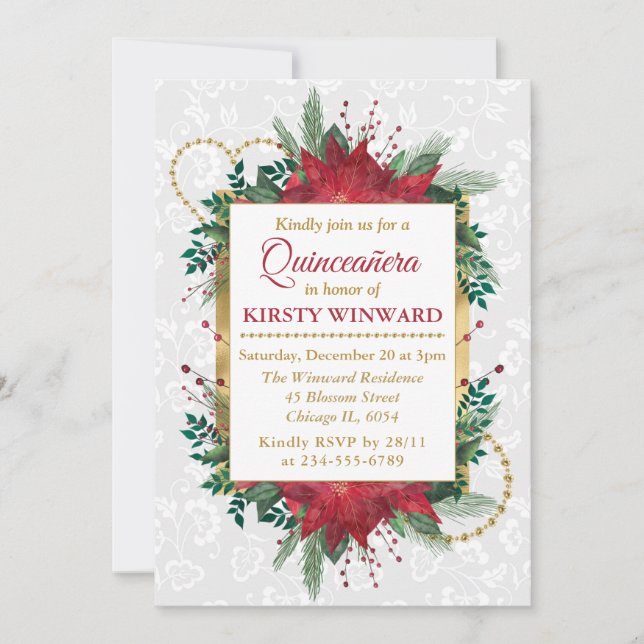 Invitación Navidades de invierno de Watercolor Poinsettia Qui (Anverso)