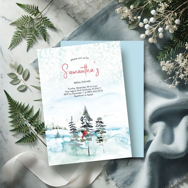 Invitación Navidades de invierno ducha de novia Evergreen (Winter bridal shower invitations watercolor pine trees red cardinal snow)