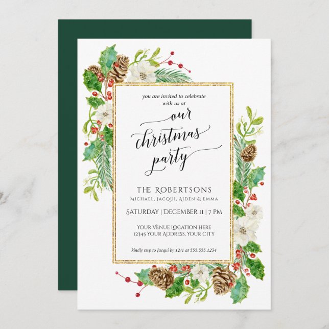 Invitación Navidades de invierno Fiesta Watercolor Rosa Pine  (Anverso / Reverso)
