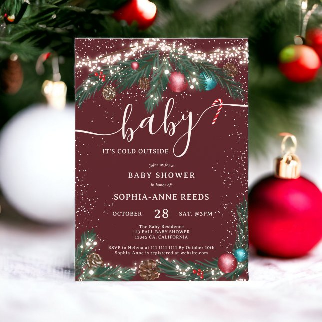 Invitación Navidades de invierno iluminan nevada ducha bebé d (Winter Christmas lights snowy pine baby shower Invitation)