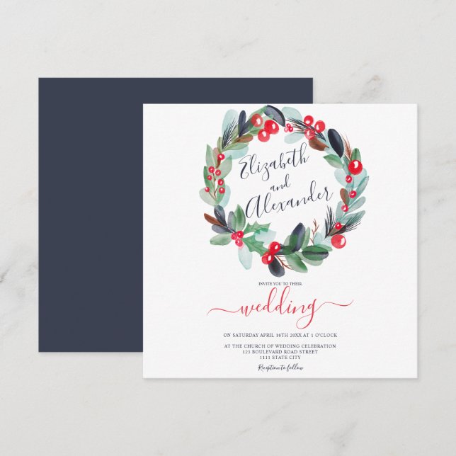 Invitación Navidades de invierno juran boda de acuarela flora (Anverso / Reverso)