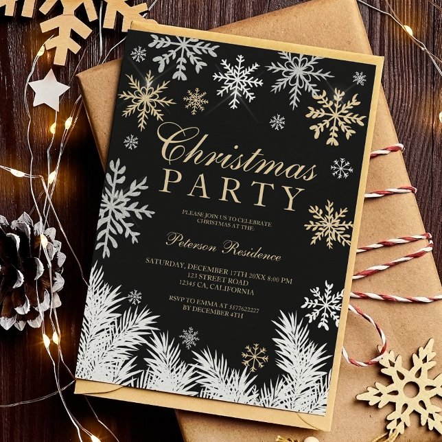 Invitación Navidades de invierno negros con copos de nieve mo (Modern snowflake pine black winter Christmas Invitation)