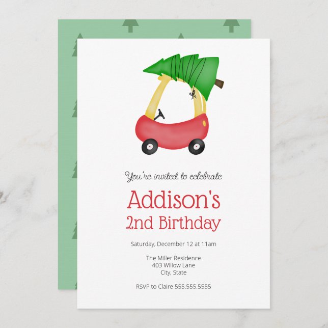 Invitación Navidades de invierno Pequeño auto rojo con cumple (Anverso / Reverso)