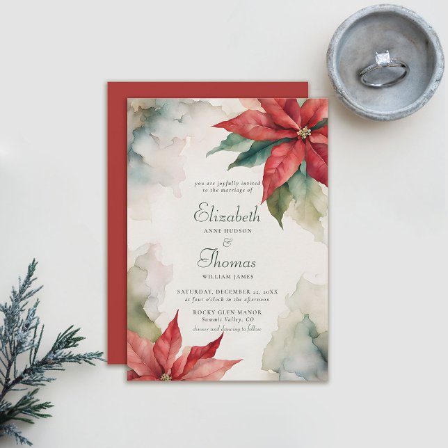 Invitación Navidades de invierno Poinsettia Boda de cosecha m (winter wedding invitation christmas poinsettia elegant  modern vintage botanical floral frame)