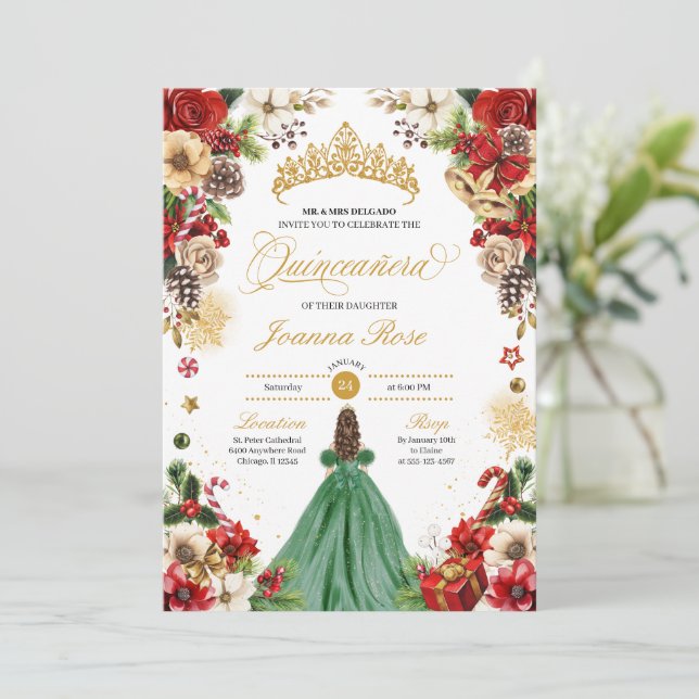 Invitación Navidades de invierno Poinsettia Verde Rojo Quince (Anverso de pie)