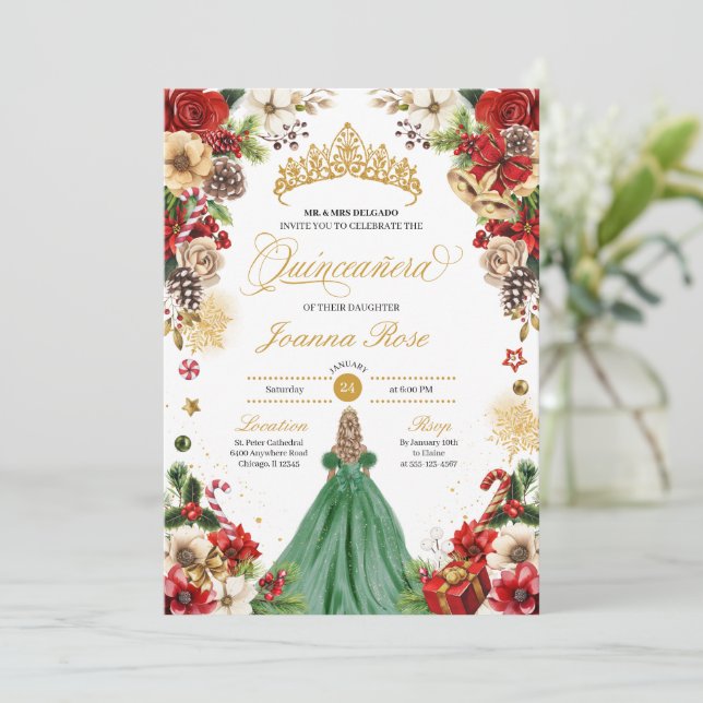 Invitación Navidades de invierno Poinsettia Verde Rojo Quince (Anverso de pie)