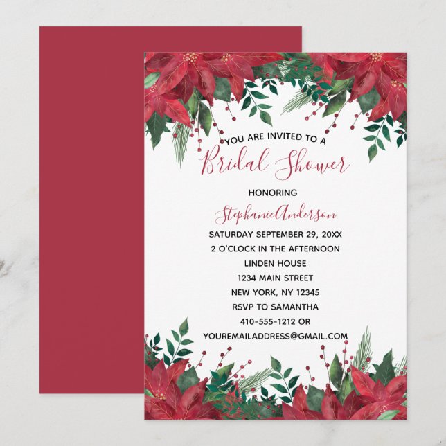 Invitación Navidades de invierno rojos de Poinsettia Bridal S (Anverso / Reverso)