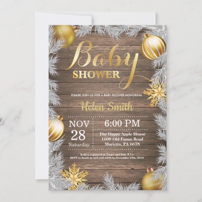 Invitación Navidades de invierno Rustic Gold Baby Shower (Anverso)