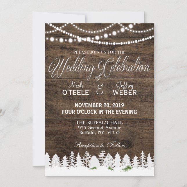 Invitación Navidades de invierno rusticos del Barn Boda Wood (Anverso)