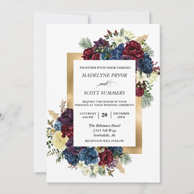Invitación Navidades de invierno Subió acuarela de Boda flora (Anverso)