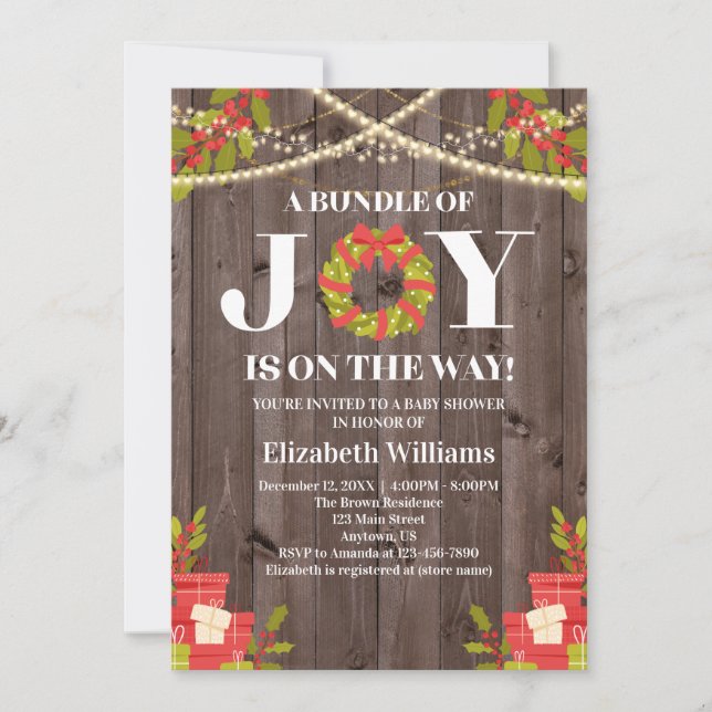Invitación Navidades De Joy Wreath Wood Baby Shower (Anverso)