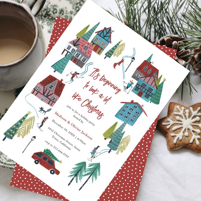 Invitación Navidades de la aldea de esquí nórdico Fiesta (Cute Nordic skiing Village Christmas Party Invitation)