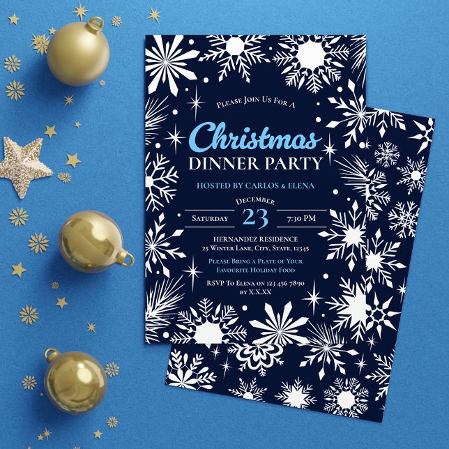 Invitación Navidades de la cena de la Marina Blue Snowflakes  (Navy Blue Snowflakes Christmas Dinner Party Invitation)