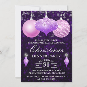 Invitación Navidades de la cena de los baubles rosados y mora