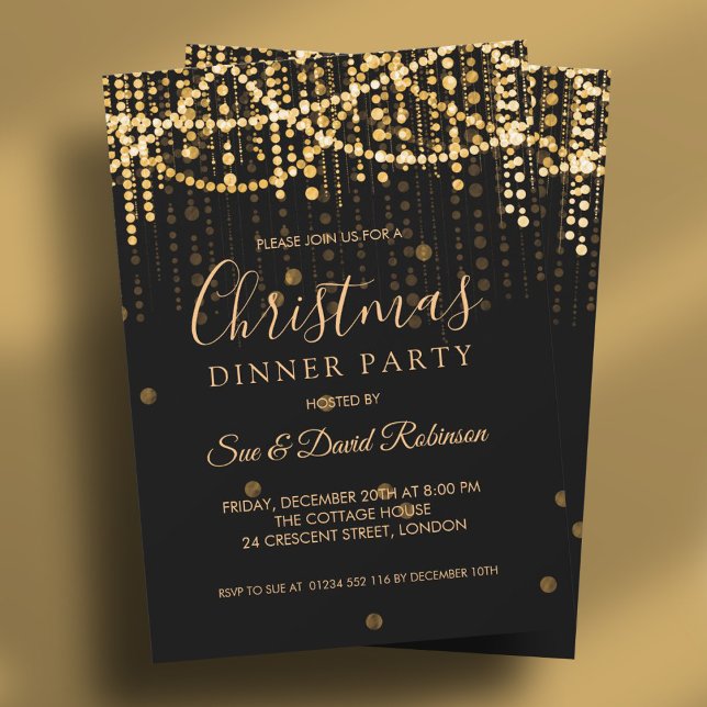 Invitación Navidades  de la cena Fiesta de la cadena dorada (Gold String Lights Christmas Holiday Dinner Party Invitation)