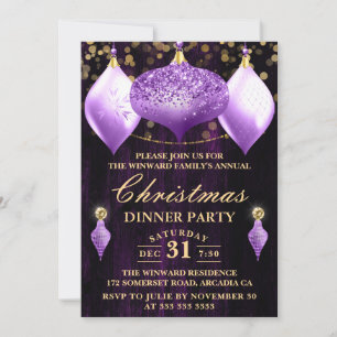 Invitación Navidades de la cena Purpurina púrpura Baubles Fie