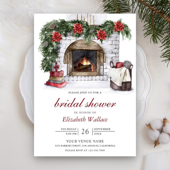 Invitación Navidades de la chimenea de Poinsettia Roja Ducha  (Subido por el creador)