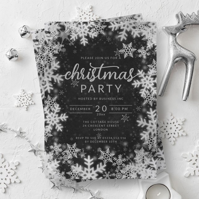 Invitación Navidades de la compañía de copos de nieve negros  (Modern Silver Black Snowflakes Company Christmas Invitation)