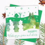 Invitación Navidades de la Compañía de Logotipos Verdes Snowm<br><div class="desc">Personalizar esta tarjeta verde de Navidades de la Compañía con brillantes obras de Relieve metalizado a los colores de su propia empresa! Las imágenes vectoriales verdes de esta tarjeta se pueden cambiar a cualquier color hexadecimal, mientras que las imágenes de Relieve metalizado verde en el medio tienen otras opciones de...</div>