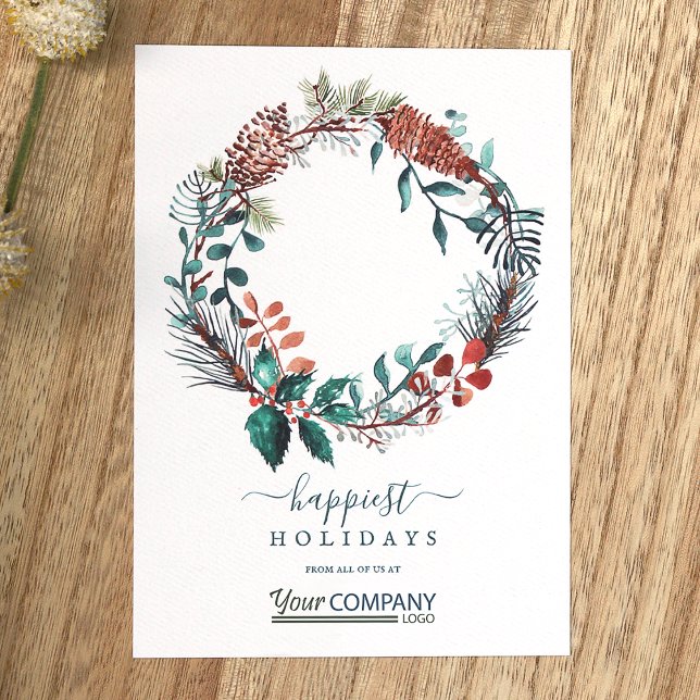 Invitación Navidades de la Compañía de Pinecones con logotipo (Winter Plants, Pine Needles Eucalyptus, Pinecones Wreath Company Holiday Card Green Business Logo)