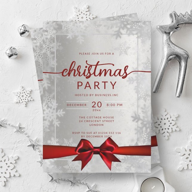 Invitación Navidades de la compañía Silver Snowflakes Ribbon  (Silver Snowflakes Company Christmas Red Ribbon Invitation)