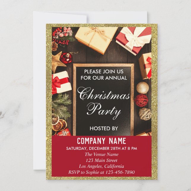 Invitación Navidades de la empresa festiva Fiesta Red & Gold  (Anverso)