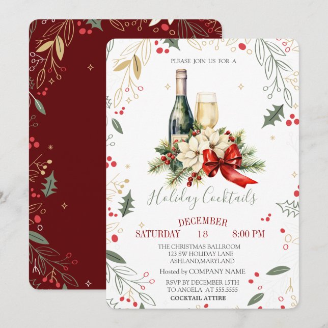 Invitación Navidades de la empresa Poinsettia Bow (Anverso / Reverso)