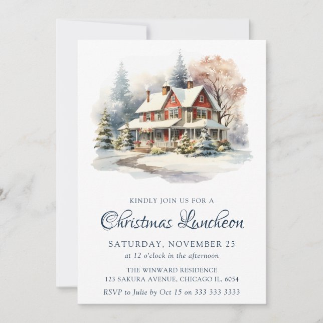 Invitación Navidades de la escena nevada de invierno acuarela (Anverso)