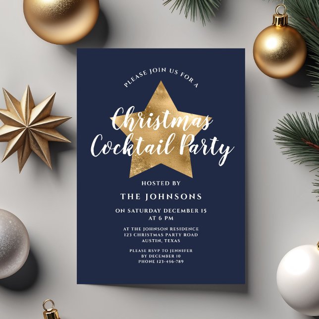 Invitación Navidades de la Estrella de Oro Azul de la Marina  (Navy Blue Gold Star Christmas Cocktail Party Invitation)