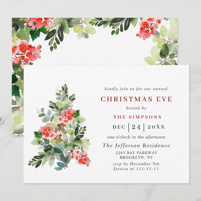 Invitación Navidades de la Festividad Holly Berry Tree EVE (Anverso / Reverso)