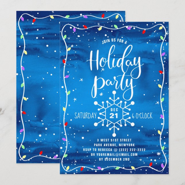 Invitación Navidades de la fiesta navideña de color azul (Anverso / Reverso)